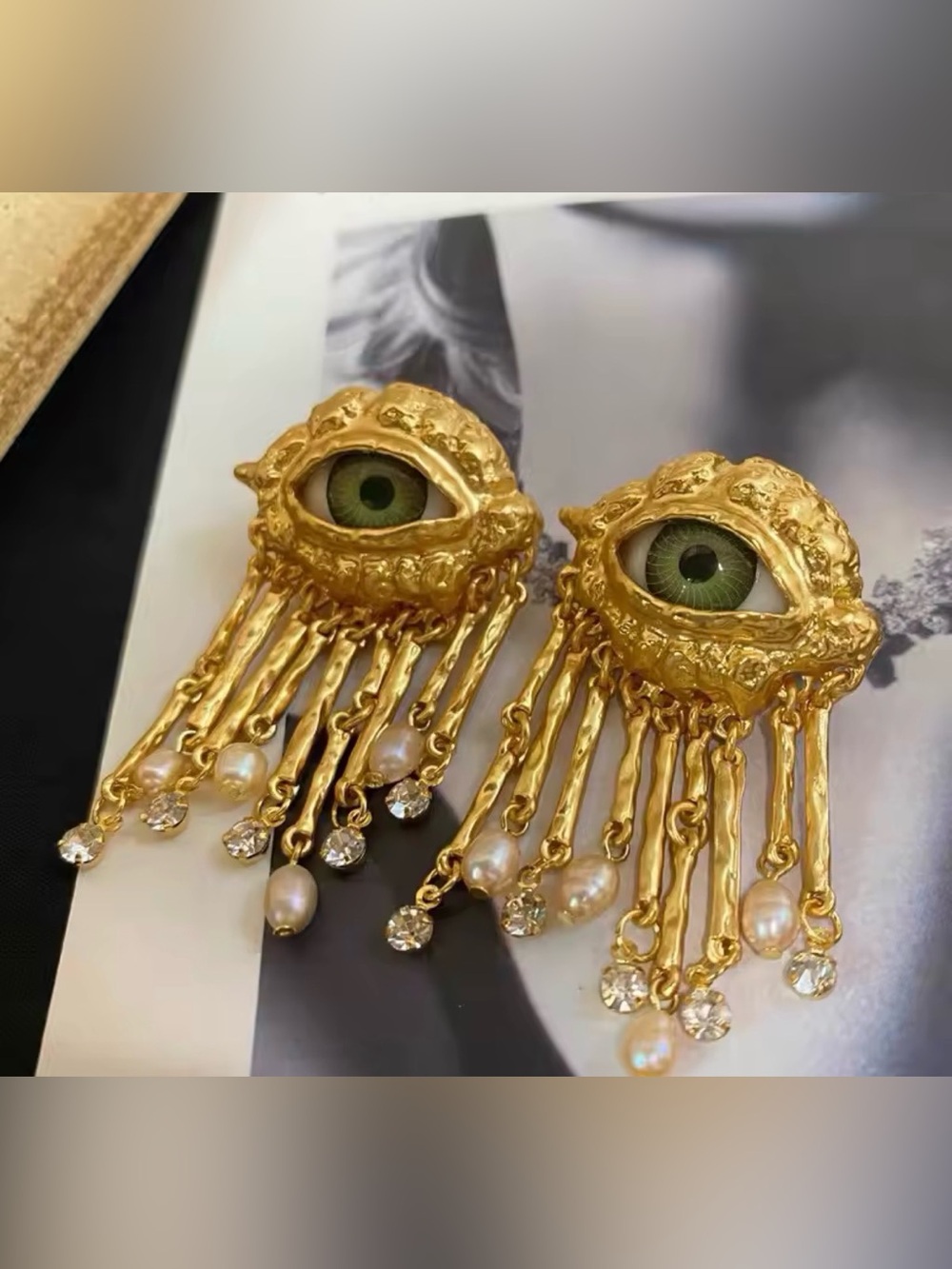Gold Eye Drop Earrings with Green Iris and Pearl Drops